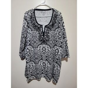 Ulla Popken Tunic Womens 24/26 Black White Beaded Damask Cotton Top